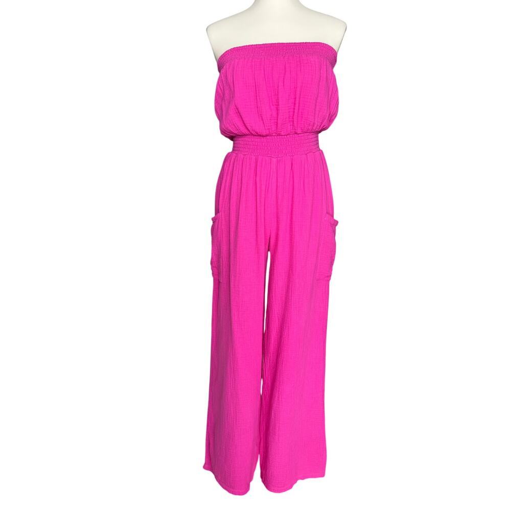 Forever 21 Hot Pink Strapless Gauze Wide Leg Cargo Jumpsuit Pockets Medium